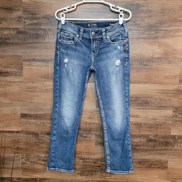 Silver Jeans Sz 28 Suki Mid Capri Super Stretch Tummy Control Medium Light Wash - Picture 2 of 14